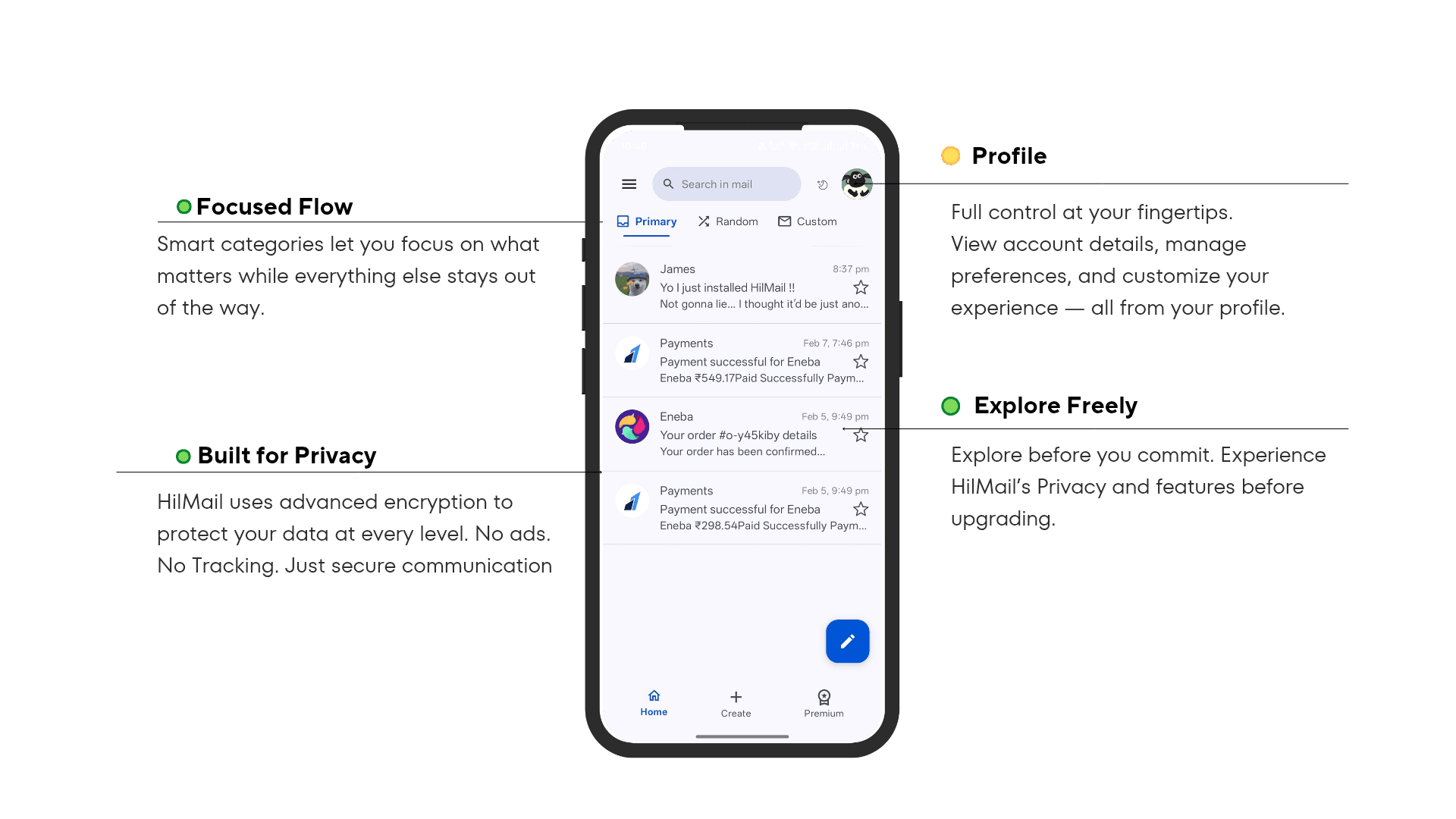 HilMail home screen — inbox overview